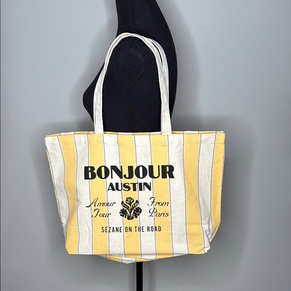 Sezane Handbags - Sezane Bonjour Austin Yellow & Ecru Striped Cotton Tote Bag NEW
